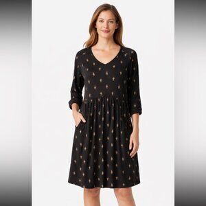 Garnet Hill Women's Boho Black Printed V-Neck 3/4 Sleeve Pocket Dress Size 12